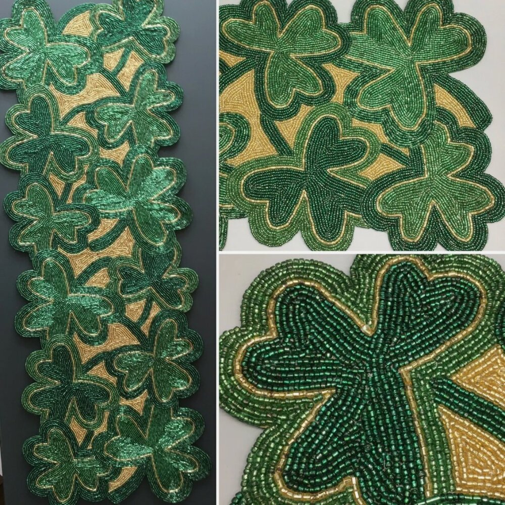 Storehouse Beaded Shamrock Clover Table Runner St Patricks Day Green Gold 13x36